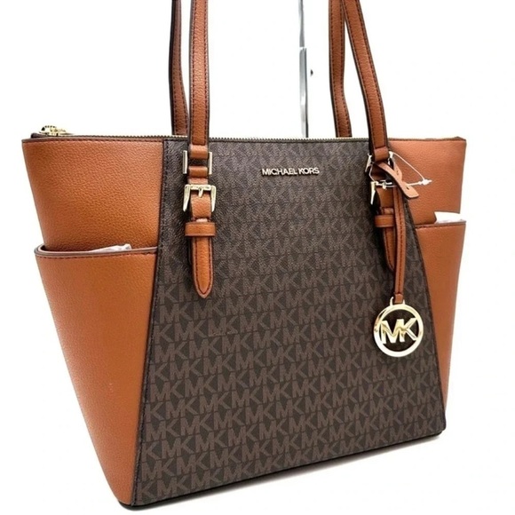 Michael Kors Large Charlotte Tote Bag Luggage Leather Brown - Picture 3 of 12